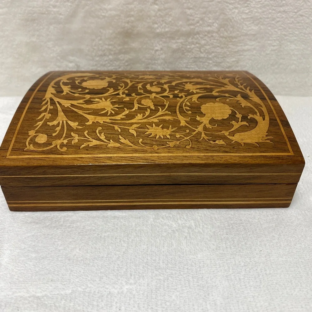 VTG Wooden Jewelry Trinket Box Intricate Floral Inlay Hinged Lidded Compartments